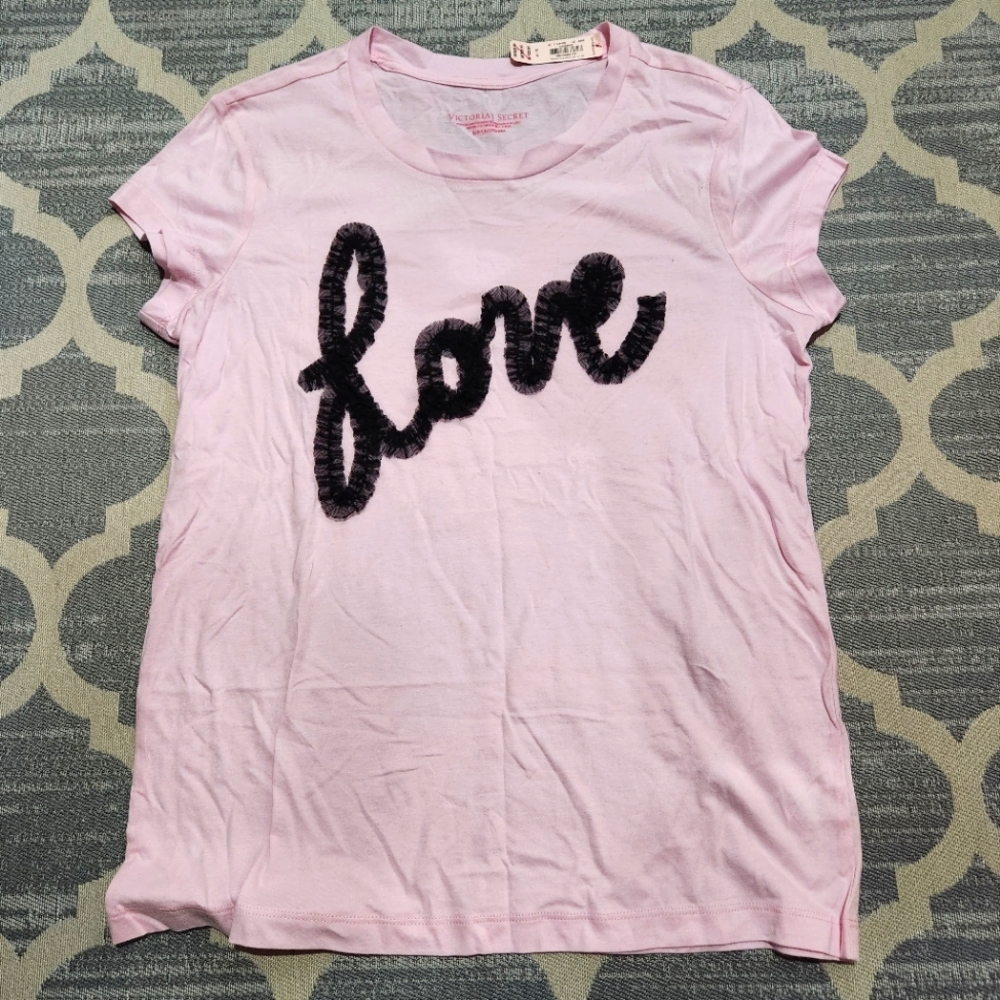 NEW Victoria Secret Women’s Short Sleeve Tee Black Lace Accent "Love" Small